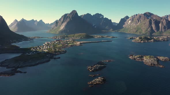 Aerial view on the fishing village Reine and Hamnoya ,Lofoten Islands,Norway alt