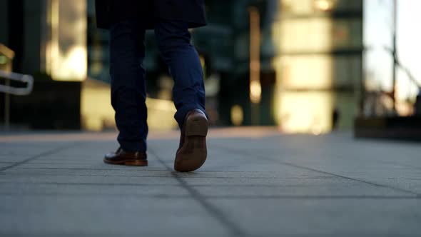 Men's Feet in Blue Plaid Trousers and Brown Shoes Walk Along the Pavement Slabs Against the alt