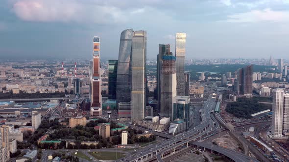 Aerial Drone Zoom in of Moscow Business Center