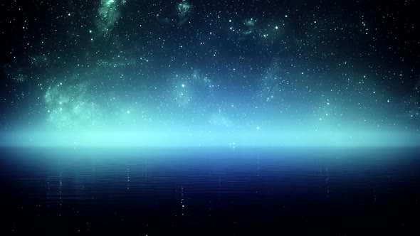 Inspiring animation of the night sky with swirling stars spread out over sea. HD alt