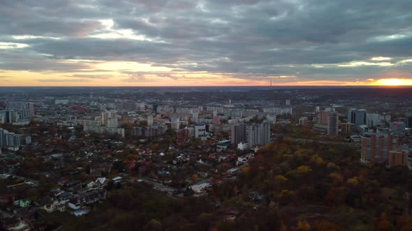 Aerial epic city at sunset, Kharkiv center streets