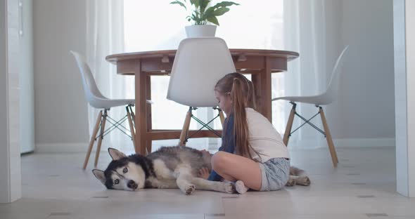 Girl Stroking Her Purebred Dog While Lying on the Floor in a Modern Apartment alt