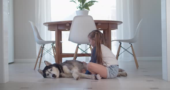 Girl Stroking Her Purebred Dog While Lying on the Floor in a Modern Apartment
