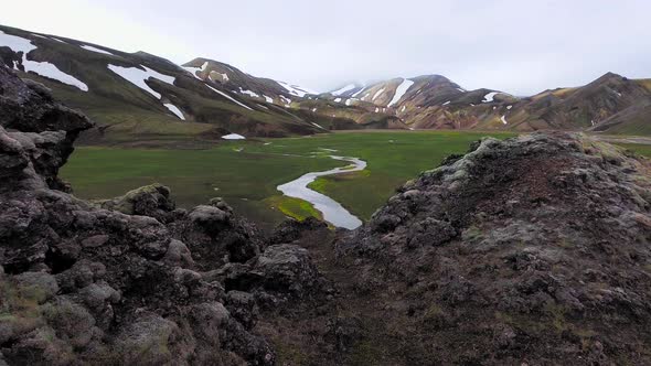Drone Aerial Footage of Landmannalaugar Landscape in Iceland Highlands alt