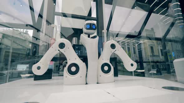 Innovation, Modern Technology Concept. High-tech Droid Is Moving Its Arms in a Coffee House alt