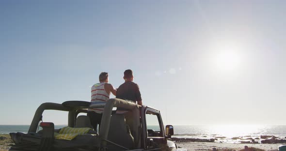 Happy caucasian gay male couple standing in car raising arms and holding hands on sunny day at beach alt