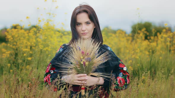 Portrait of Beautiful Sensual Woman Girl Stylish Caucasian Lady Wears Ukrainian Traditional alt