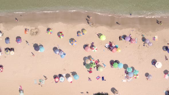 Aerial View of People Sunbathing on the Sea Beach at Hot Summer Day alt