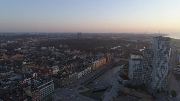 Aerial View of Malmö Cityscape at Sunset
