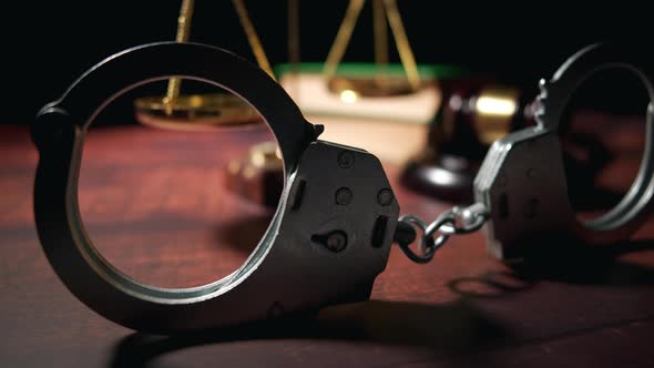 Close Up of a Judge Gavel with Handcuffs and a Scales of Justice alt