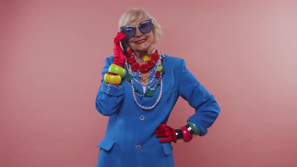 Funny grandmother in studio alt