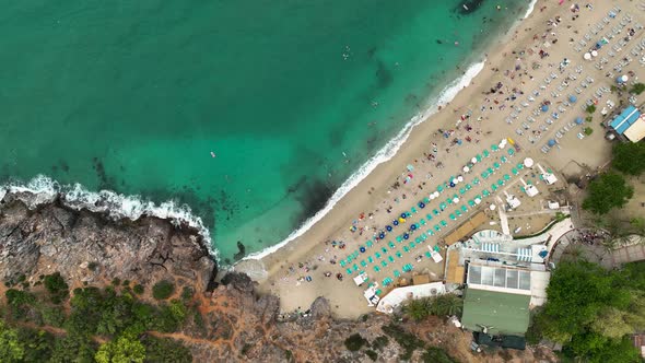 Cloudy summer beach aerial view 4 K Turkey Alanya alt