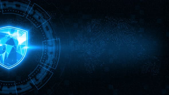 Blue shield with circle rotation on earth maps and futuristic technology abstract background