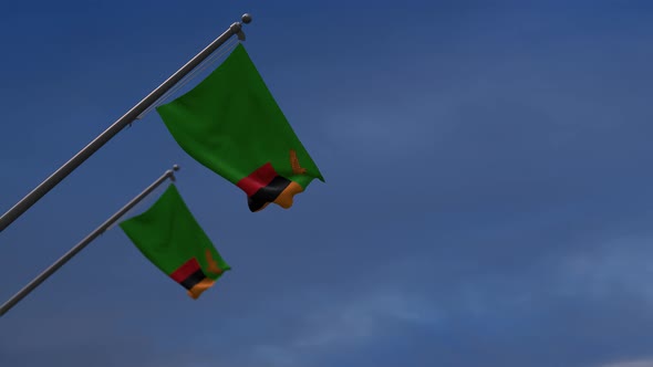 Zambia Flags In The Blue Sky - 4K