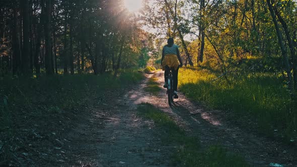 Woman on Bicycle Rides Along Forest Path in a Green Area on a Sunny Summer Day alt