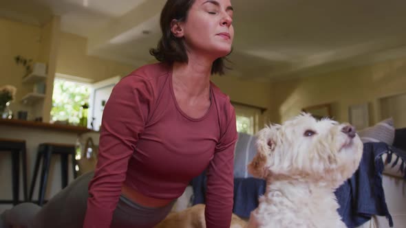 Caucasian woman practicing yoga with her pet dog at home alt
