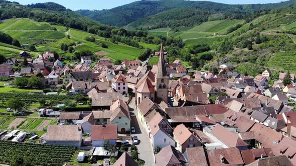 Scenic aerial view of Niedermorschwihr village at sunny summer day