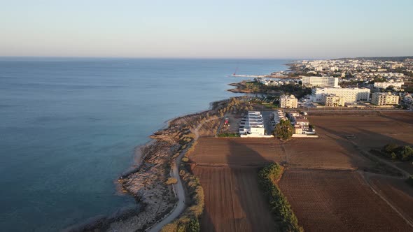 Protaras. Evening coast of Cyprus. Resort town in eastern Cyprus. Mediterranean Sea.