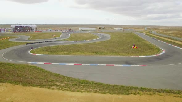 AERIAL VIEW. Karting Racing On Serpentine Track During Russian Championship