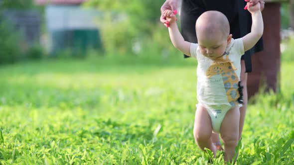 Mom and Baby Walk Hand in Hand on the Green Grass