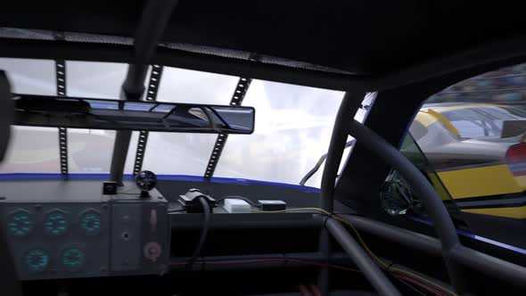 Speeding racing cars. Dynamic camera. Flying near the cars and passing through. alt