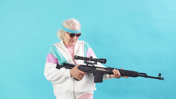 Nice Looking Grandmother- FBI Agent Aiming with a Rifle, Ready To Shoot, Poster. alt