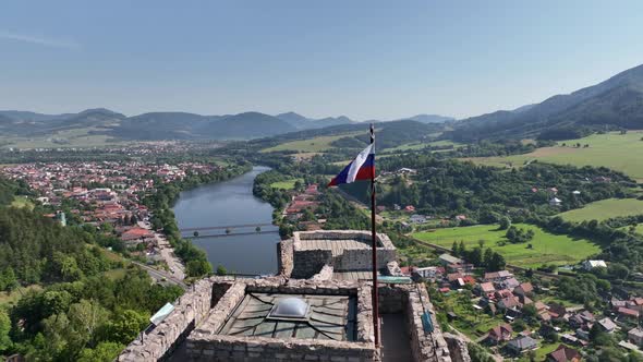 Aerial view of the Slovak flag at Strecno Castle in Slovakia