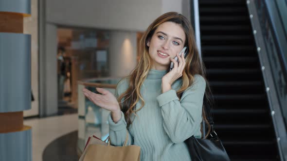Young Beautiful Caucasian Girl Woman Female Consumer Shopper Businesswoman Standing in Shopping alt