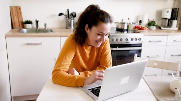 Smiling Girl Waving Hand Video Calling Family By Webcam alt