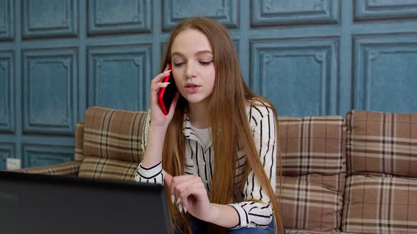 Young Business Woman Consultant Making Distant Video Call Working on Laptop Computer at Home Office alt