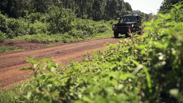Safari vehicle on a dirt road through african bush, Aberdare National Park, Kenya alt