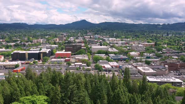 Aerial view looking towards Eugene Oregon above trees alt