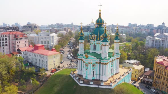 Aerial View of St. Andrew’s Church in Kiev. The Famous Andrew's Descent in the Capital of Ukraine alt