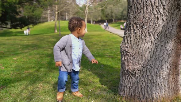 Little Boy Running Around Tree, Playing Hide-and-seek, Smiling alt