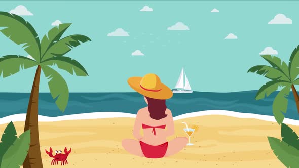 Bikini Girl Relaxing in Beach - Summer Vacation - Cartoon Animation