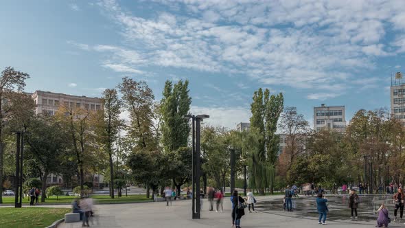 Gosprom Building on the Freedom Square with New Dry Fountain in Kharkov City Timelapse Ukraine alt