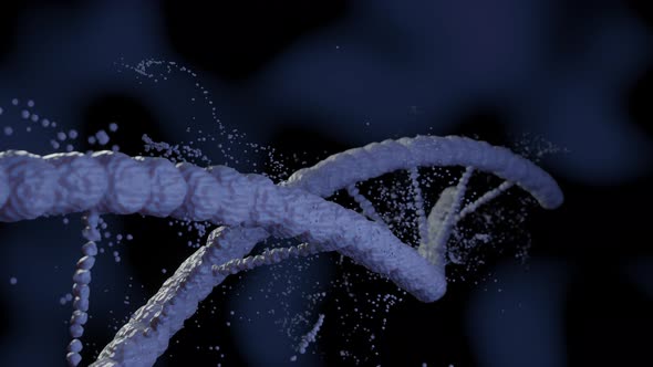 DNA molecula macro fly through with rotation and particle emission