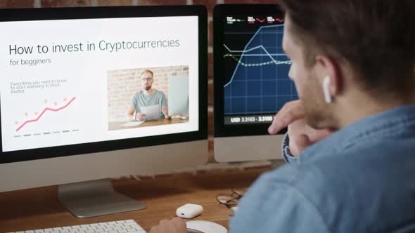 Adult man educating how to invest in cryptocurrency. Shot with RED helium camera in 8K alt