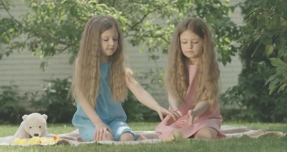 Two Charming Twin Sisters Looking at Ducks Running Around on Meadow. Portrait of Pretty Caucasian alt