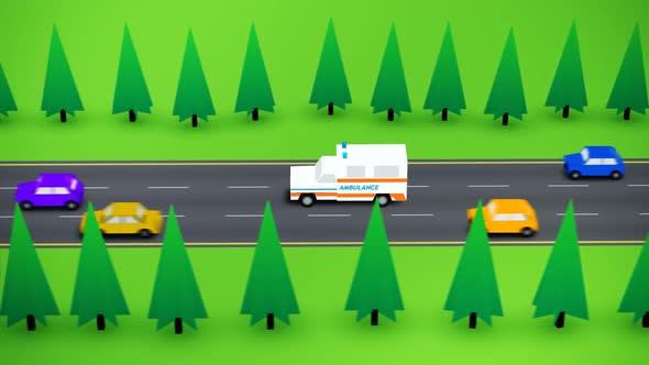 A busy highway.An ambulance with the flashing lights on the emergency call alt