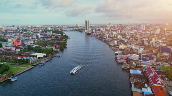 4K UHD : Bangkok River drone view. Flying over the Chao Phraya River alt