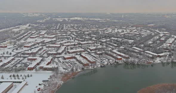 Winter Landscape with Snow in the Residential Streets Covered the American Town on Snowfall USA alt