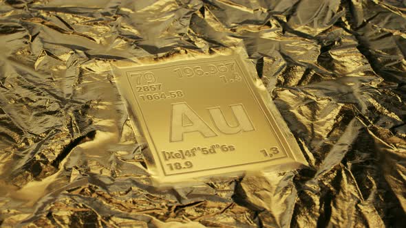 Periodic table sign made out of gold. Clean metal shines in studio light. 4KHD