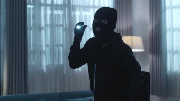 Thief Man Holding Flashlight Stealing A Television In Someone's House Before Walking Away alt