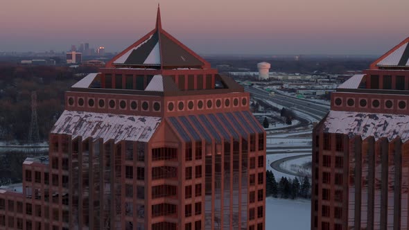 Aerial, Carlson Towers in Minnetonka, Minneapolis at dawn dusk during winter alt