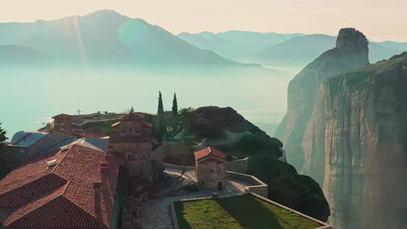 Aerial View of Monastery Trinity and Breathtaking Pictures of Valley and Landmark Canyon of Meteora alt