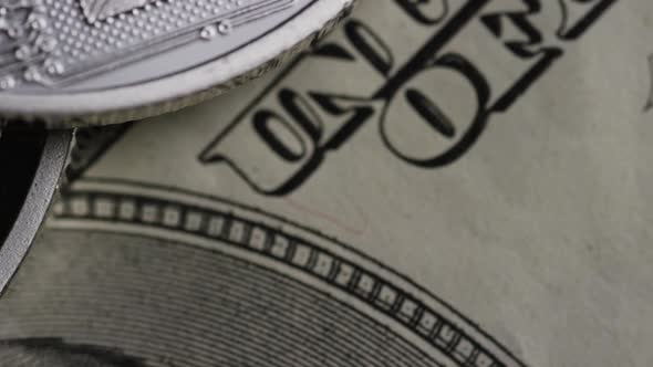 Rotating shot of Bitcoins  alt