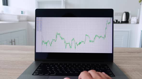 Firstperson View of Financier Businessman Works on Financial Market on Computer at Home Kitchen alt