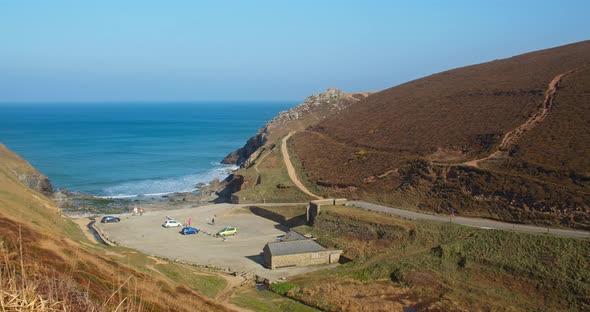 Panoramic View Of Chapel Porth Beach And Carpark In North Cornwall Coast In United Kingdom. Aerial D alt