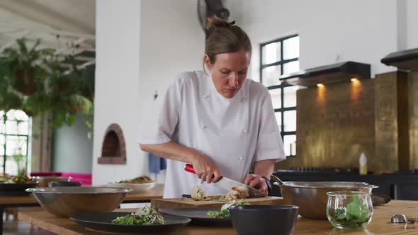 Caucasian female chef preparing a dish and smiling in a kitchen alt